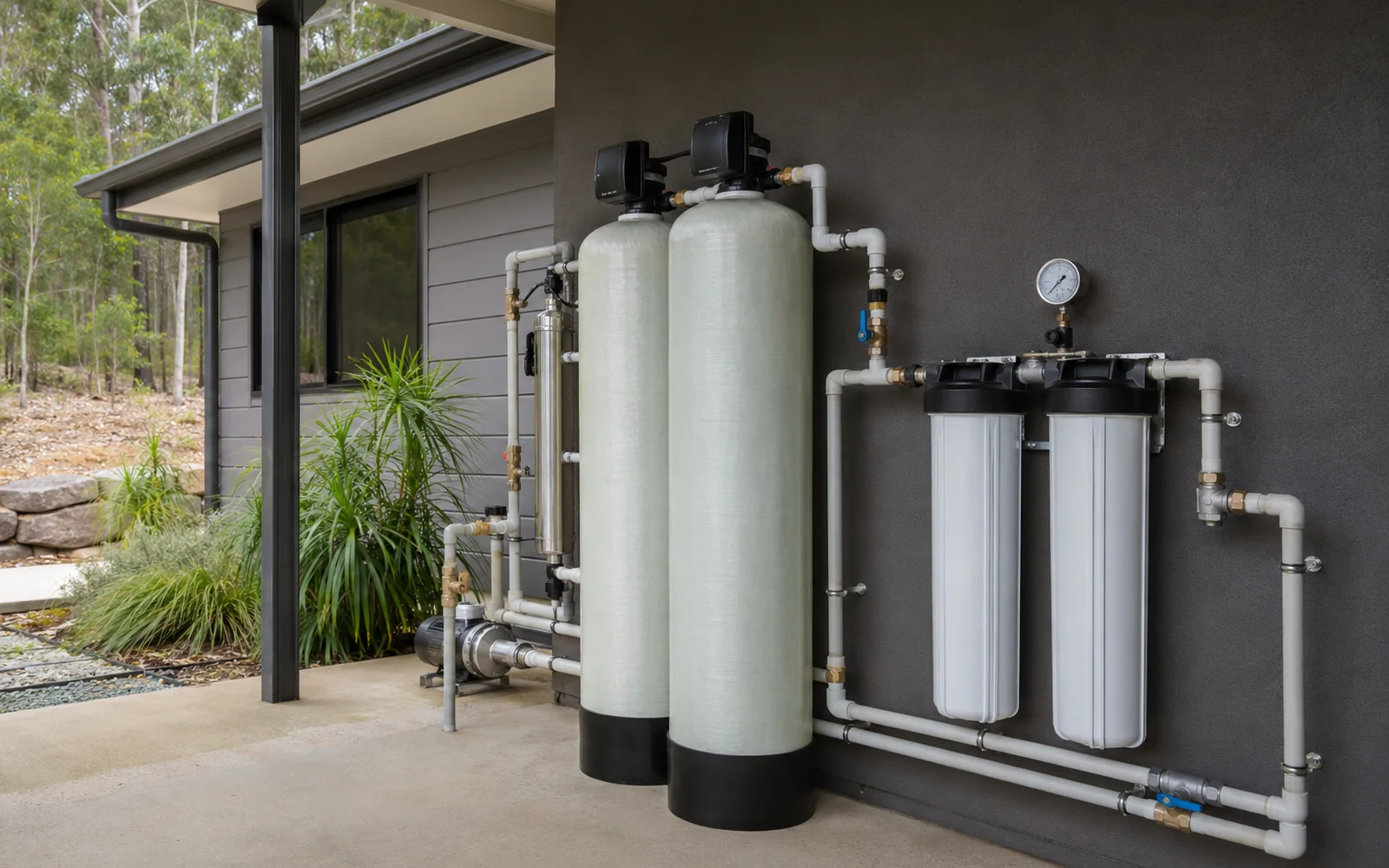 Whole-house bore water treatment system with sediment pre-filter and dual media tanks installed on a Sunshine Coast property