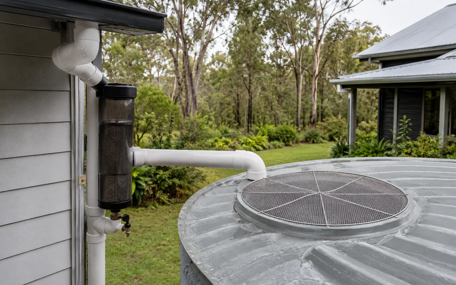Rainwater first-flush diverter with tank inlet screen and downpipe attached to a Sunshine Coast rainwater tank