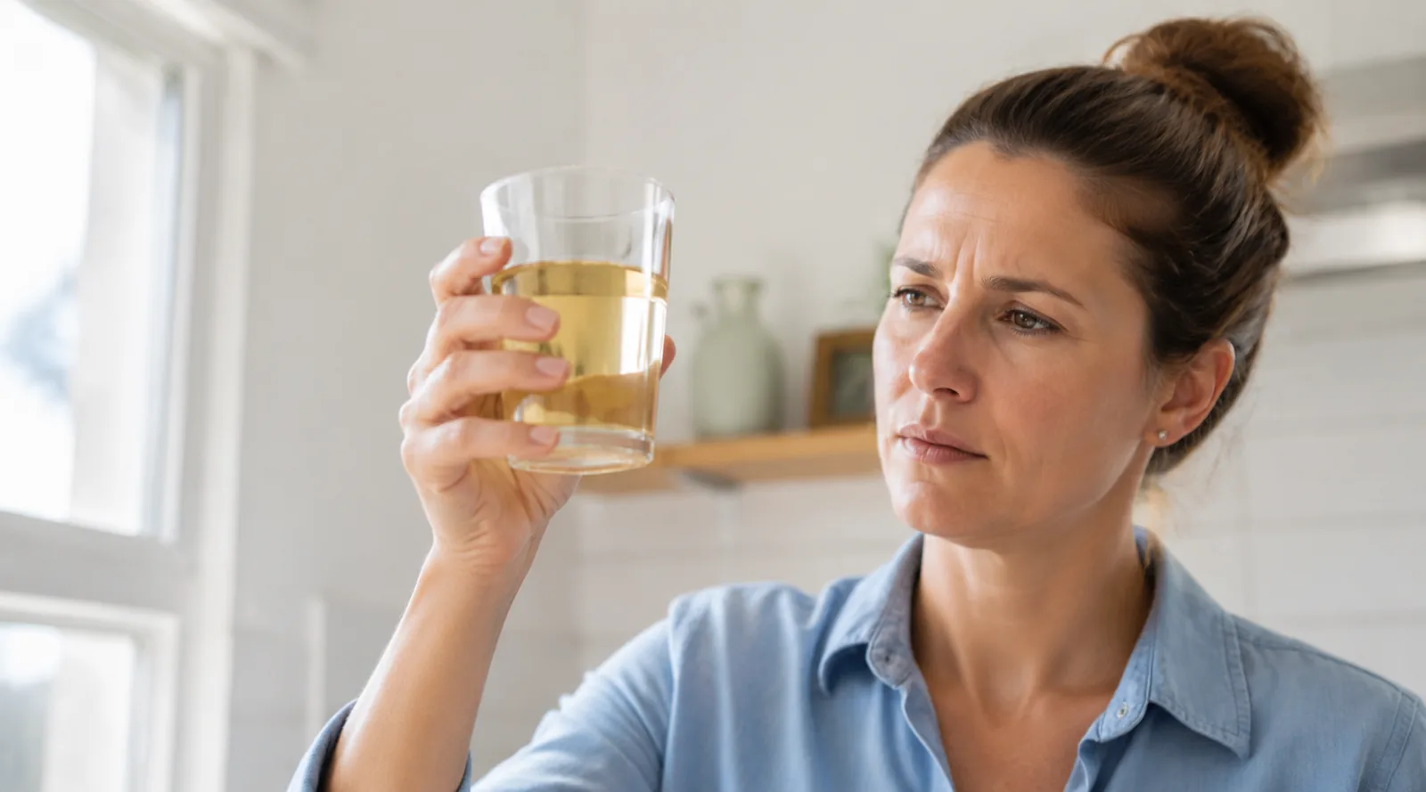 Person examining a glass of tea-coloured tank water at a kitchen window