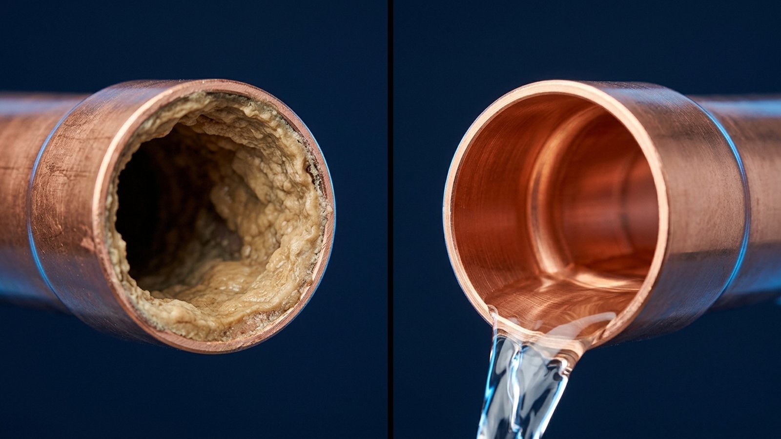 Before and after view of the interior of a household water pipe: heavy biofilm buildup on the left and a clean copper interior on the right after BioCleanse treatment