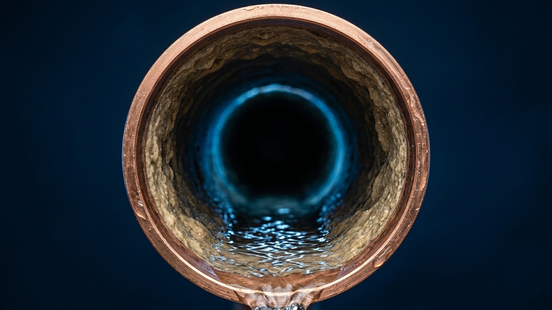 Looking into the open end of a household water pipe with visible internal biofilm buildup and clean water flowing through