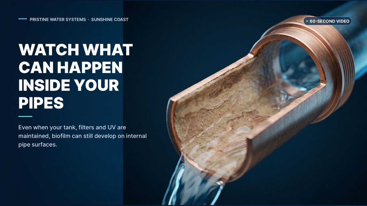 Thumbnail for the BioCleanse video showing a cutaway view inside a household water pipe with visible internal buildup and a play button, alongside text about what can happen inside household pipes.