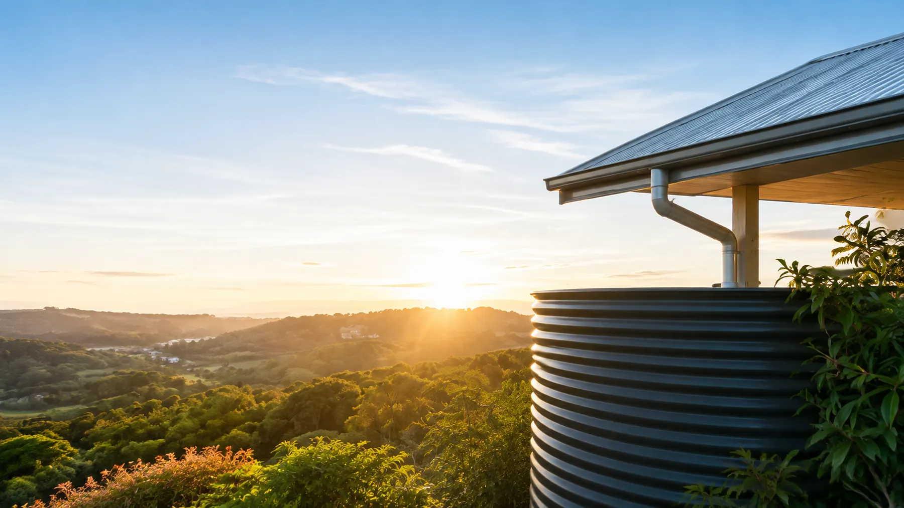 Sunshine Coast hinterland home with a rainwater tank at sunrise