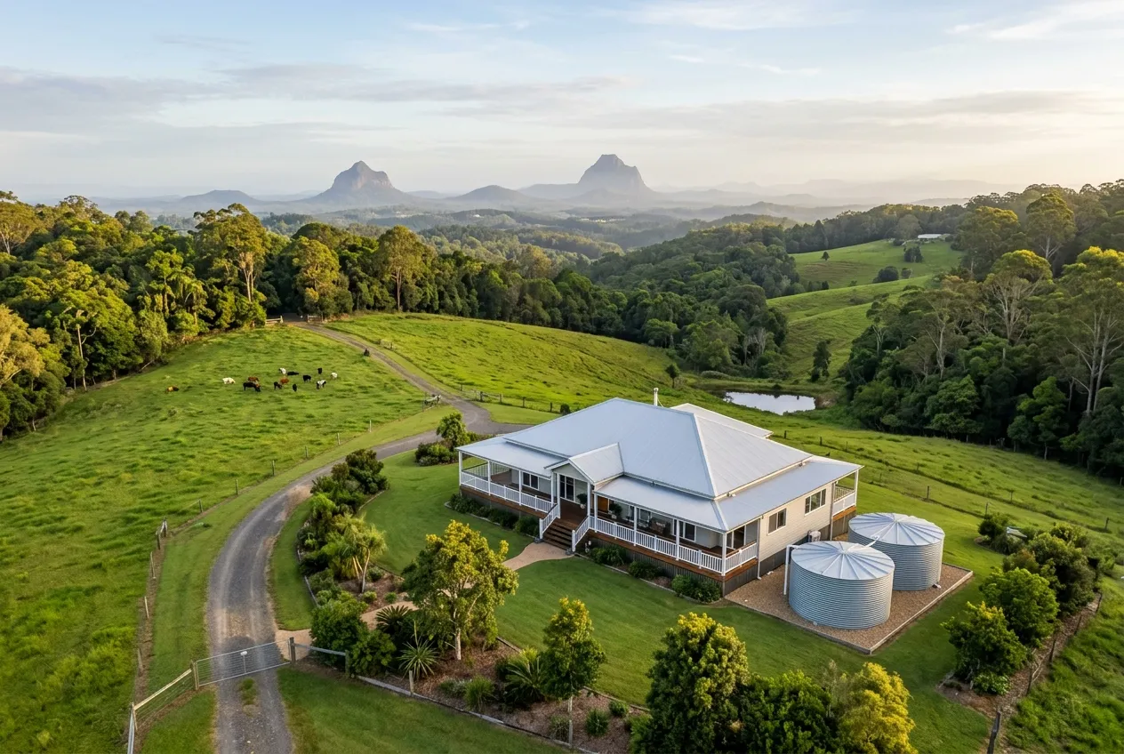 Sunshine Coast hinterland acreage home with rainwater tanks